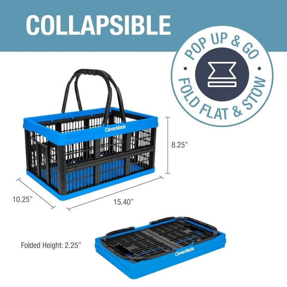 CleverMade Collapsible Shopping Basket, Neptune Blue, 2PK - 16L (4 Gal) Reusable - Picture 8 of 9